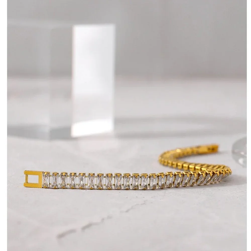 New 18K Gold Plated Baguette Diamond Bracelet